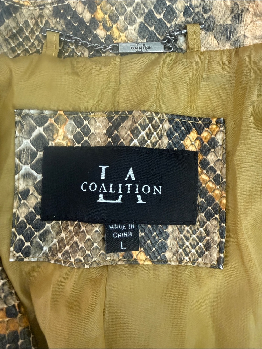 LA Coalition Yellow Snake-Print Faux Leather Jacket Cropped Moto Jacket (L) - Picture 2 of 9
